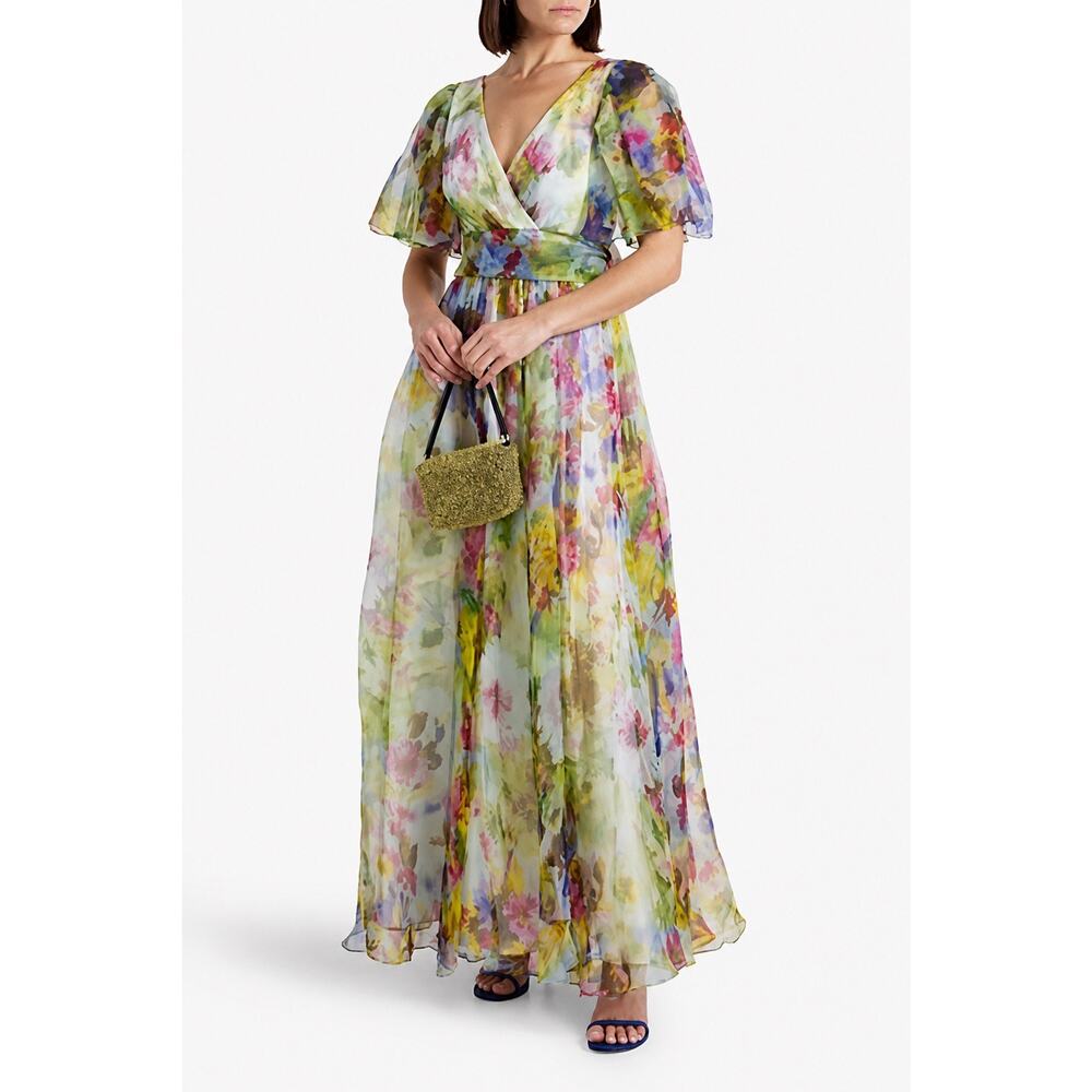 Badgley Mischka 100% silk multicolour wrap-effect floral-print maxi dress US2